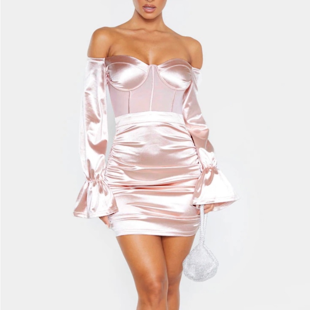 Pink Off-Shoulder Satin Dress